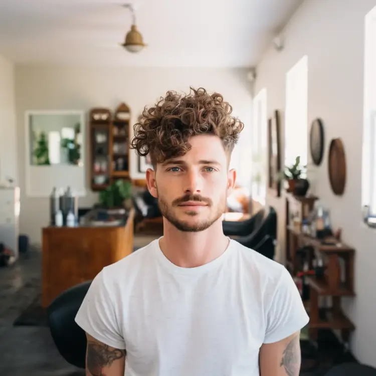 Photo of a barber styling a perm on a client.